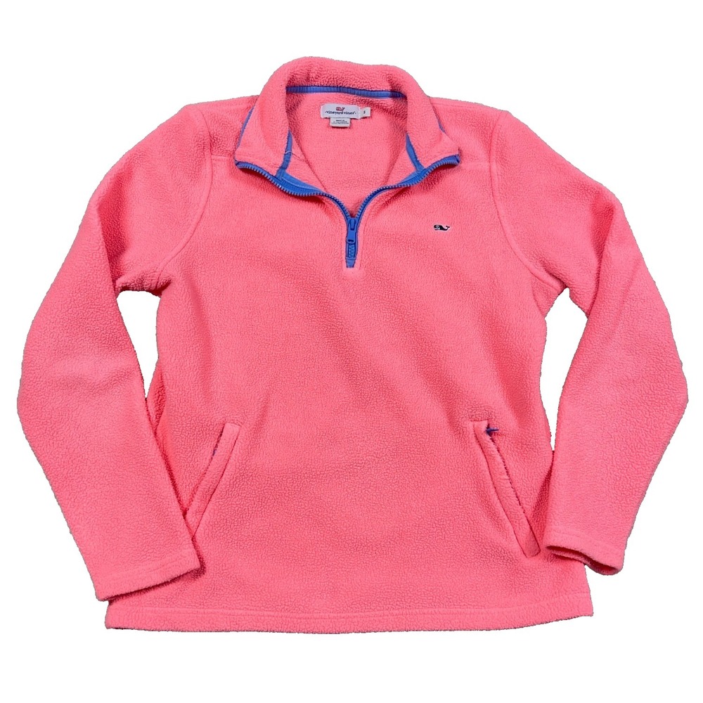 Vineyard Vines Sweater Women Small Pink Fleece Pullover Quarter Zip Whale Pocket
